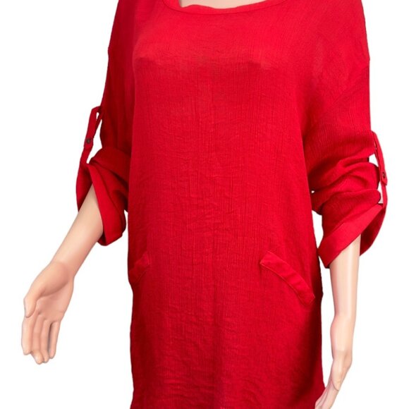 Umgee Women SZ M- Red Woven Knit Top Tunic Pullover Roll Tap Sleeve Faux Pockets - Picture 15 of 15